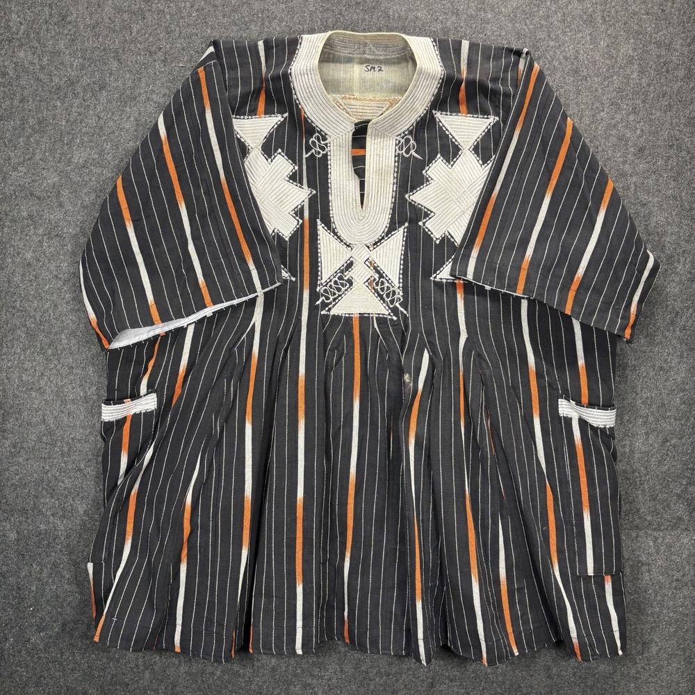 Vintage African Fugu Smock Woven Striped Pockets Bakatari Black Orange White